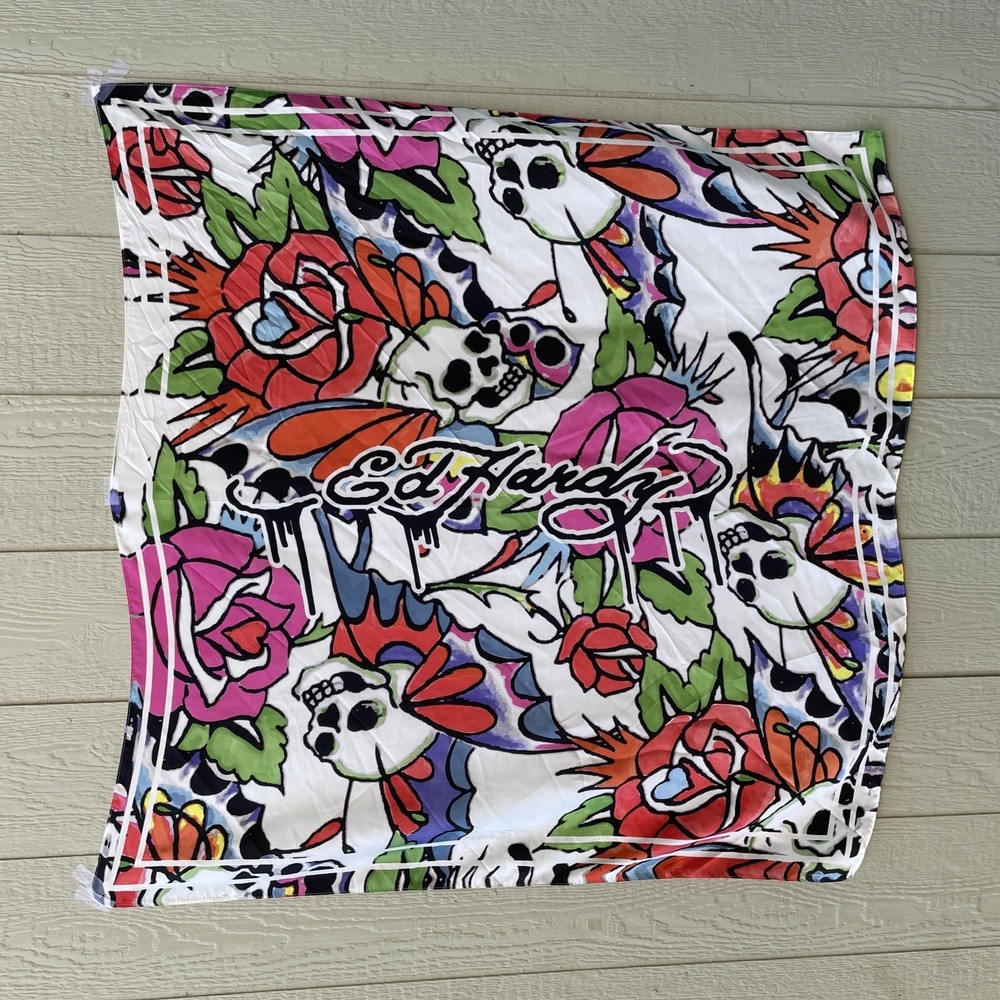 Ed Hardy Scarf Skull Rose Floral 43x43 Ed Hardy Signature Print Grunge Y2K Witch